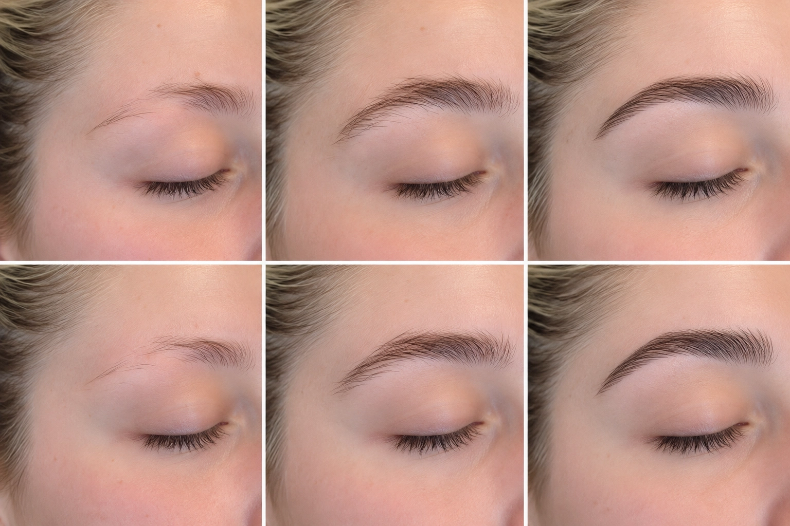 Six close-up photos of one eyebrow showing gradual regrowth of a sparse outer brow over time